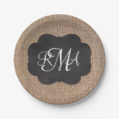 Burlap Chalkboard Look Triple Mit Monogramm Script Pappteller (Vorderseite)
