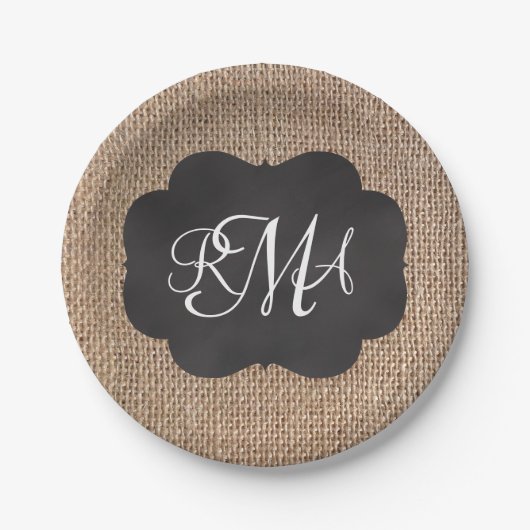 Burlap Chalkboard Look Triple Mit Monogramm Script Pappteller (Vorderseite)