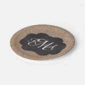 Burlap Chalkboard Look Triple Mit Monogramm Script Pappteller (Schrägansicht)