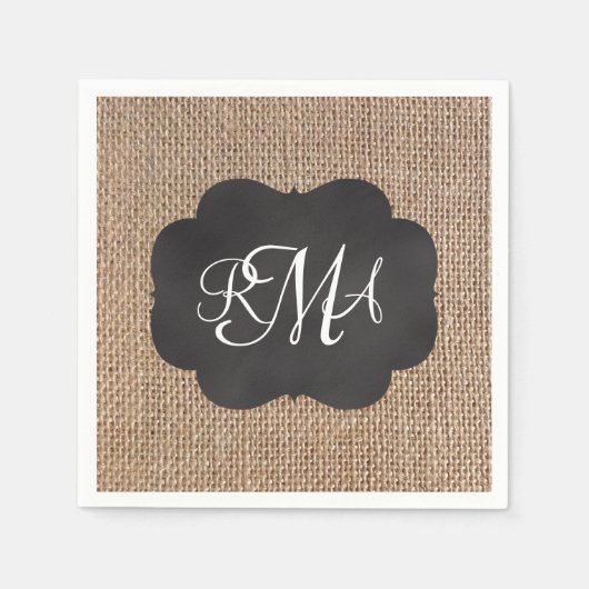 Burlap Chalkboard Look Triple Mit Monogramm Script Serviette (Vorderseite)