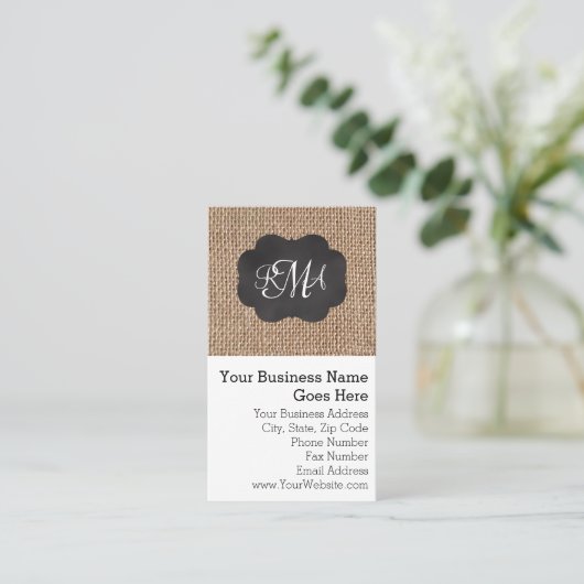 Burlap Chalkboard Look Triple Mit Monogramm Skript Visitenkarte (Stehend Vorderseite)