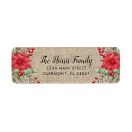 Burlap Christmas Poinsettia Holly Berry Label