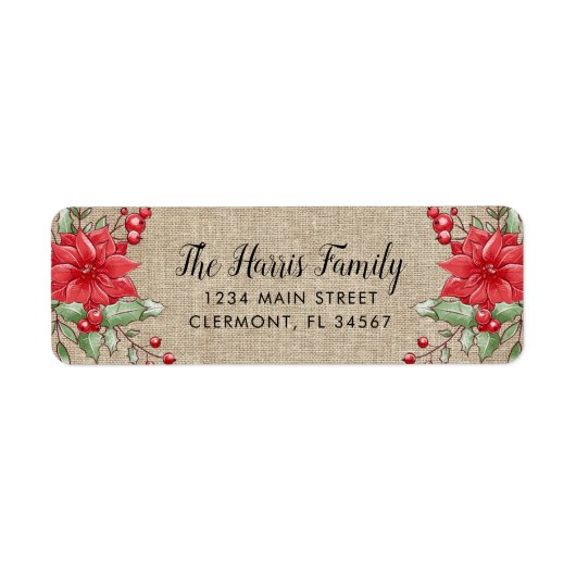 Burlap Christmas Poinsettia Holly Berry Label (Vorne)