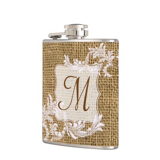 Burlap Country Lace Appliqu Monogram Whiskey Flask Flachmann (Links)