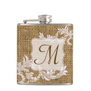 Burlap Country Lace Appliqu Monogram Whiskey Flask Flachmann