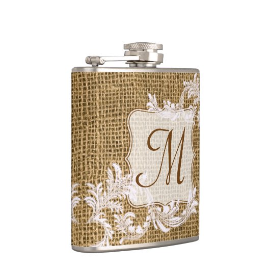 Burlap Country Lace Appliqu Monogram Whiskey Flask Flachmann (Rechts)