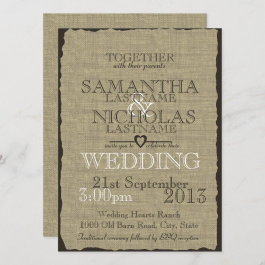 Burlap Country Rustic Wedding Einladung (Vorne/Hinten)