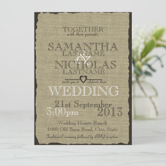 Burlap Country Rustic Wedding Einladung (Stehend Vorderseite)