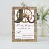 Burlap Cowboy Boots Wagon Wheel Horseshoe UAWG RSVP Karte (Stehend Vorderseite)