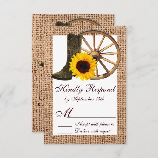 Burlap Cowboy Boots Wagon Wheel Sonnenblumen UAWG RSVP Karte (Vorne/Hinten)