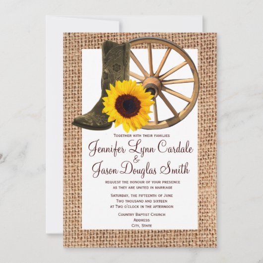 Burlap Cowboy Boots Wagon Wheel Sunflower Wedding Einladung (Vorderseite)