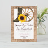 Burlap Cowboy Boots Wagon Wheel Sunflower Wedding Einladung (Stehend Vorderseite)
