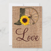 Burlap Cowboy Boots Wagon Wheel Sunflower Wedding Einladung (Rückseite)