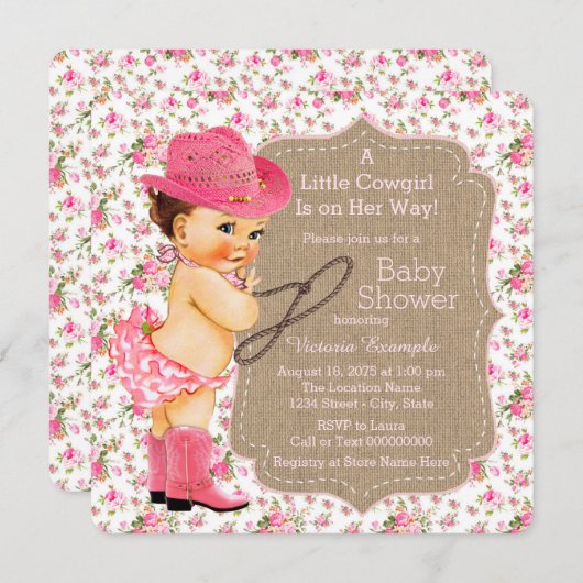 Burlap Cowgirl Baby Dusche Floral Calico Einladung (Vorne/Hinten)