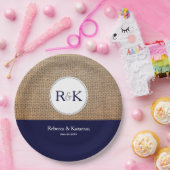 Burlap & Dark Blue Personalisiert Wedding Pappteller (Party)