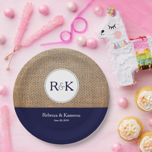 Burlap & Dark Blue Personalisiert Wedding Pappteller (Party)