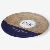Burlap & Dark Blue Personalisiert Wedding Pappteller (Schrägansicht)