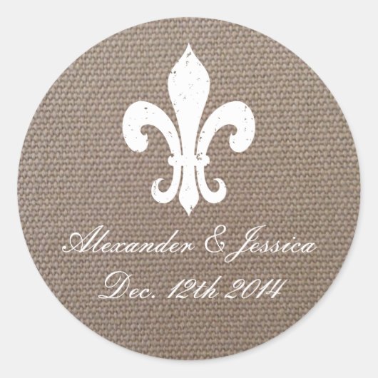 Burlap fleur de lis country chic wedding stickers (Vorderseite)