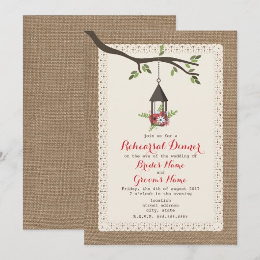 Burlap  Floral Lantern Probe Abendessen Einladung (Vorne/Hinten)