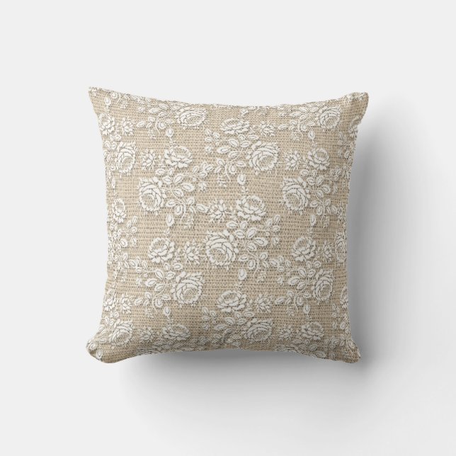 Burlap Floral Print Rustic Throw Kissen (Vorderseite)