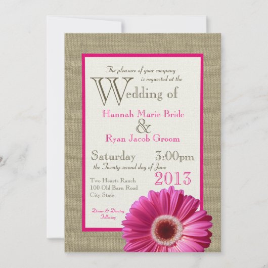 Burlap Fuchsia Gerbera Daisy Wedding Einladung (Vorderseite)
