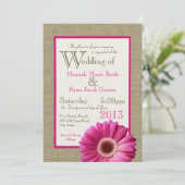 Burlap Fuchsia Gerbera Daisy Wedding Einladung (Stehend Vorderseite)