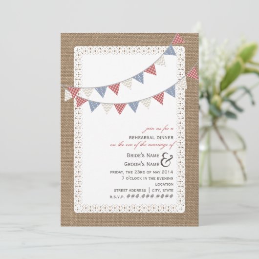 Burlap  Gemustert Bunting Probe Dinner Einladung (Stehend Vorderseite)