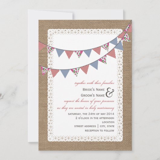 Burlap Gingham & Floral Bunting Wedding Einladung (Vorderseite)