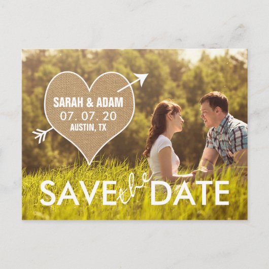 Burlap Heart | rustikal Save the Date Ankündigungspostkarte (Vorderseite)