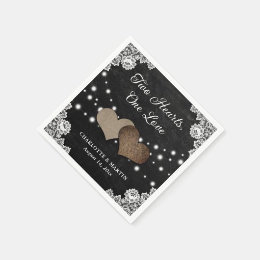 Burlap Hearts Lace Rustic Black Chalkboard Hochzei Serviette (Ecke)
