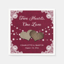 Burlap Hearts Lace Rustic Burgundy Wedding Napkins
