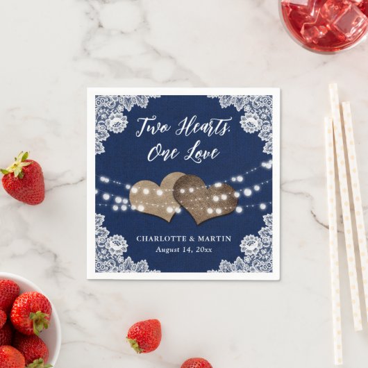 Burlap Hearts Lace Rustic Navy Blue Wedding Serviette (Beispiel)