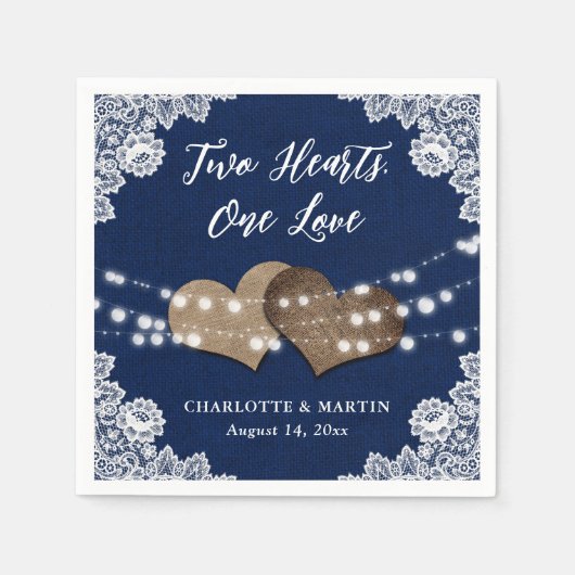 Burlap Hearts Lace Rustic Navy Blue Wedding Serviette (Vorderseite)