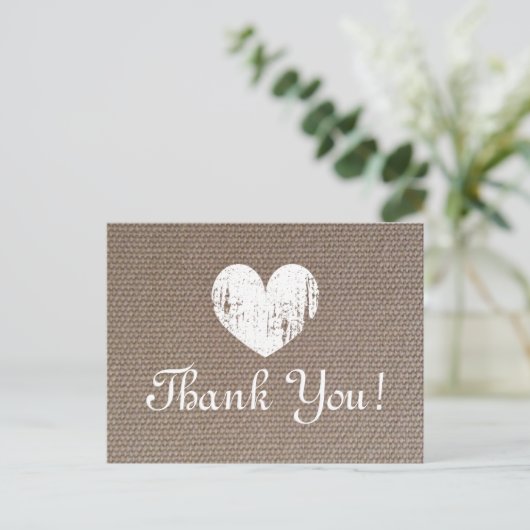 Burlap Hochzeit danke Karten mit rustikalem Herzen (Stehend Vorderseite)
