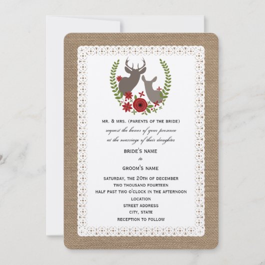 Burlap + Hochzeitsschuh + Doe Deer Einladung (Vorderseite)