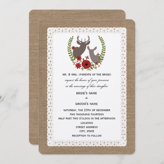 Burlap + Hochzeitsschuh + Doe Deer Einladung (Vorne/Hinten)