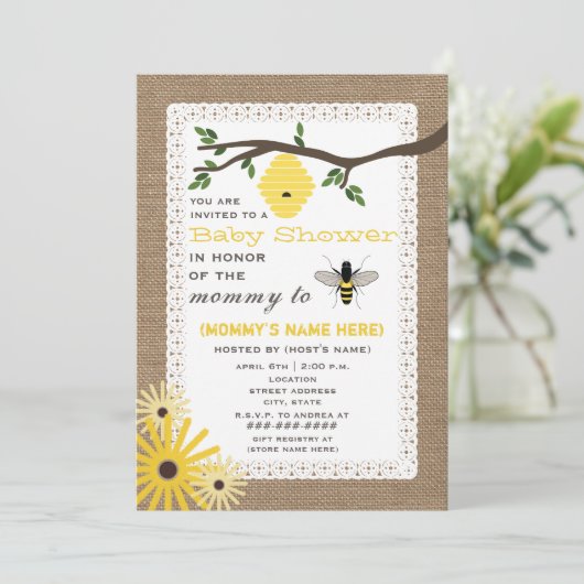 Burlap Honey Bee Themed Baby Dusche Einladung (Stehend Vorderseite)
