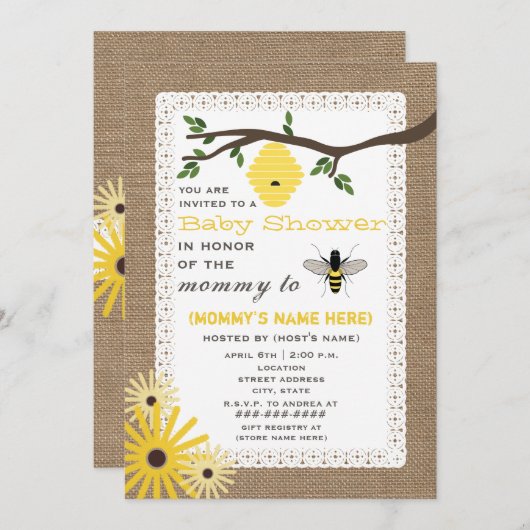 Burlap Honey Bee Themed Baby Dusche Einladung (Vorne/Hinten)