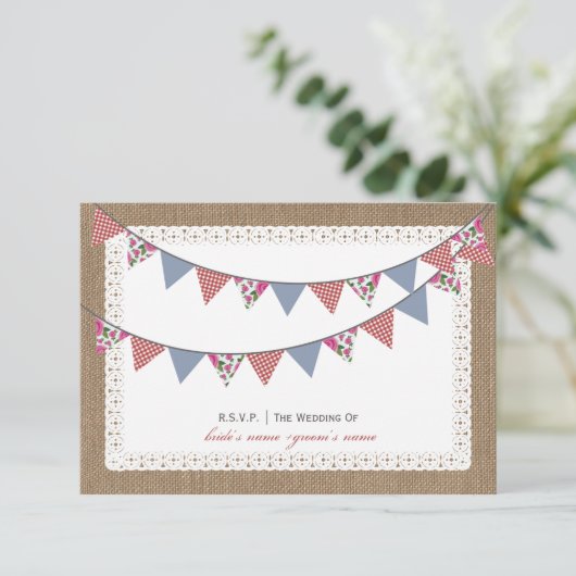 Burlap Inspiriert Floral & Gingham Bunting UAWG RSVP Karte (Stehend Vorderseite)