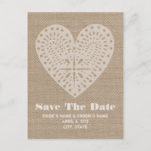 Burlap Inspiriert Herzhochzeit retten das Datum Ankündigungspostkarte
