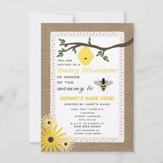 Burlap Inspiriert Honey Bee Baby Shower Einladung (Vorderseite)