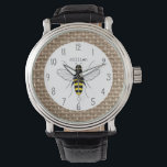 Burlap Inspiriert Honey Bee Personalisiert Watch Armbanduhr<br><div class="desc">Eine Uhr mit einer Abbildung einer Biene in der Mitte. Personalisieren Sie mit Ihrem Namen. Der Hintergrund wird inspiriert.</div>