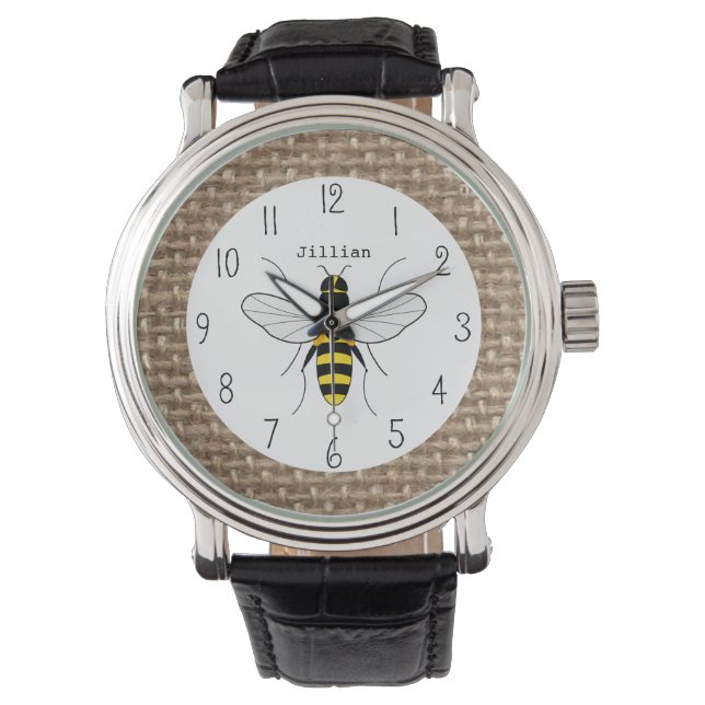 Burlap Inspiriert Honey Bee Personalisiert Watch Armbanduhr (Vorderseite)