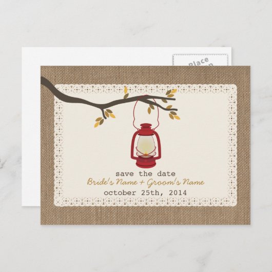 Burlap-Inspiriert Lantern-Hochzeit im Herbst Save  Ankündigungspostkarte (Vorne/Hinten)