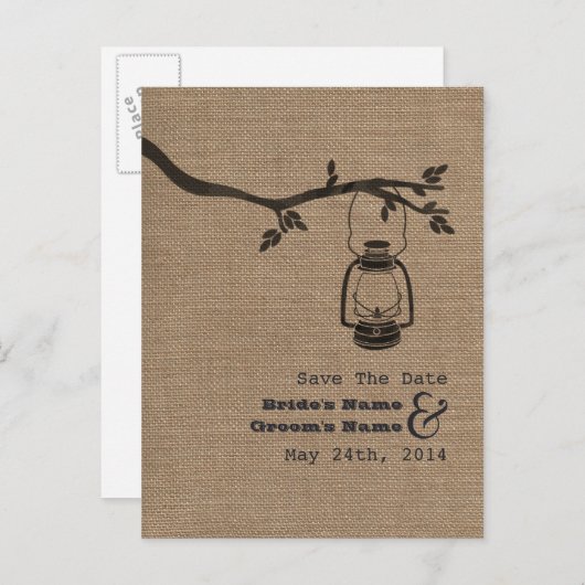 Burlap-Inspiriert Öl-Laterne Rustikal Save the Dat Ankündigungspostkarte (Vorne/Hinten)