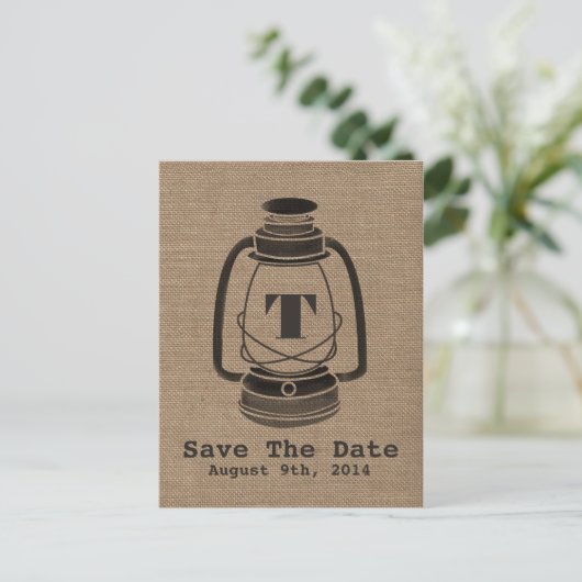 Burlap-Inspiriert Ölrinnen Save the Date Postkarte (Stehend Vorderseite)
