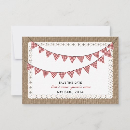 Burlap Inspiriert Red Gingham Bunting Rett Date Save The Date (Vorderseite)