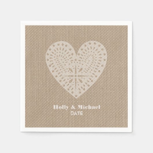Burlap Inspiriertes Spitzenherz Hochzeit Napkins Serviette (Vorderseite)
