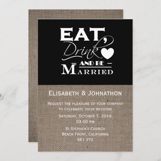 Burlap isst Drink und sei Verheiratet Hochzeitsein Einladung (Vorne/Hinten)