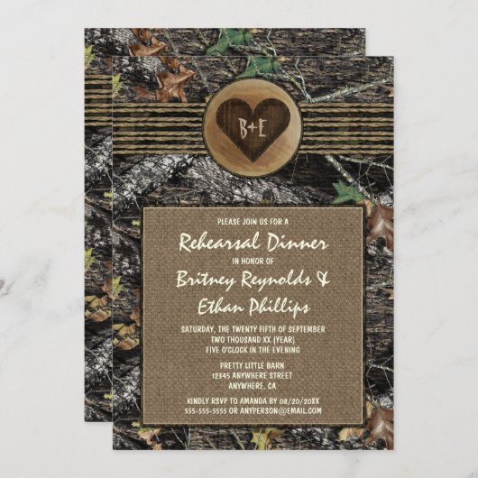 Burlap + Jagd Camouflage Probe Abendessen Einladun Einladung (Vorne/Hinten)